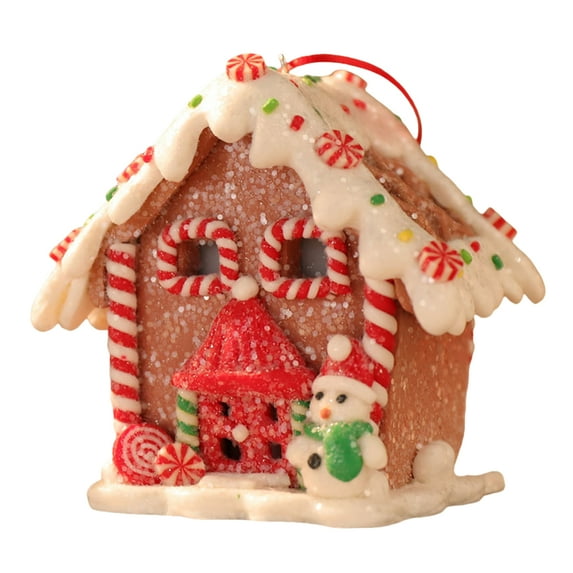 Yucurem Christmas Gingerbread House Ornaments with Rope, Light Up Resin Christmas Pastel Candy House Hanging Ornaments for Tree Holiday Party Home Decoration