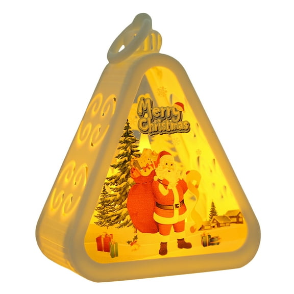 Yucurem Christmas Hanging Triangle Lantern with LED Lights, Light Up Christmas Theme Night Light for Christmas Tree & Home Decor Gifts (White Santa)