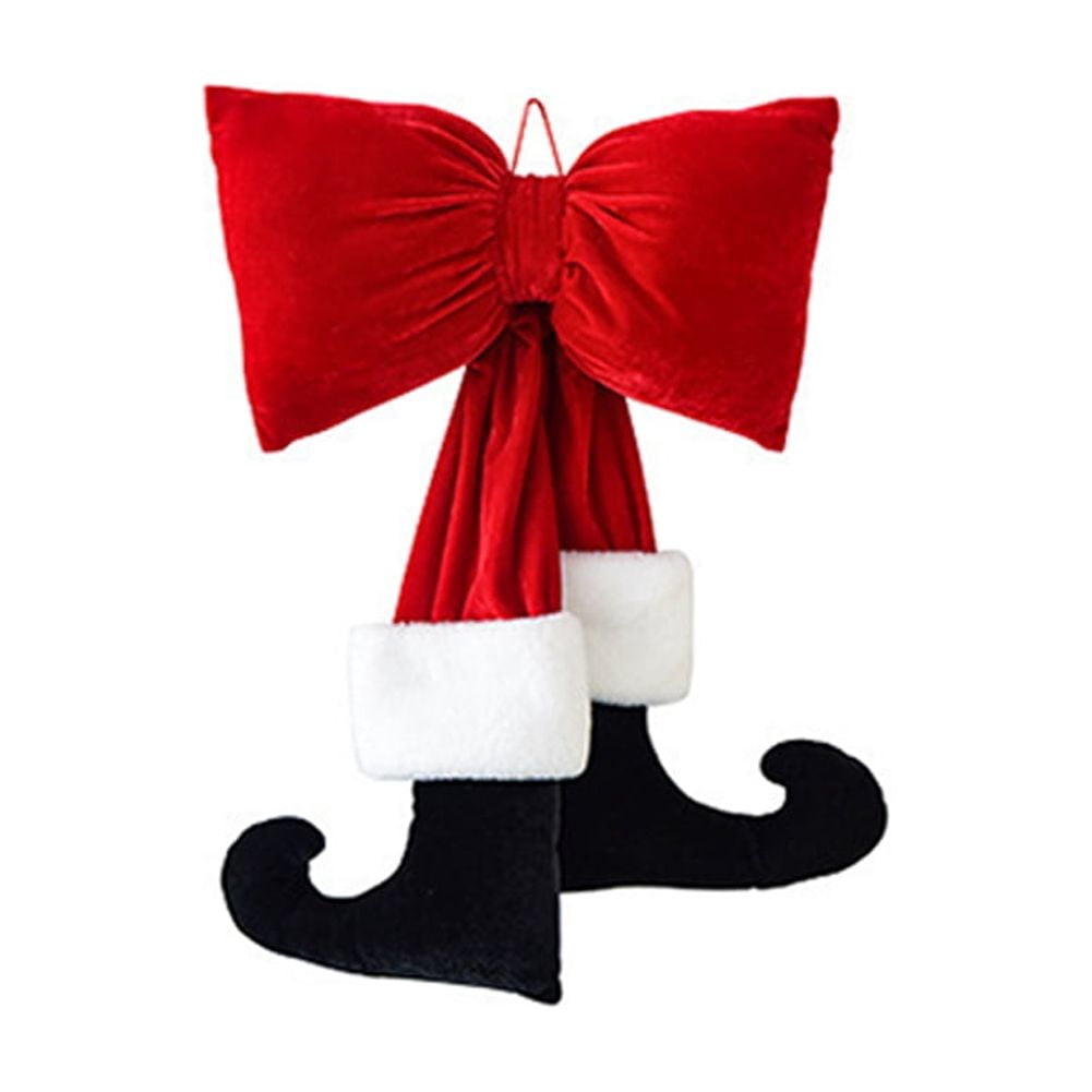 Yucurem Christmas Tree Red Velvet Bow with Santa Legs Hanging Ornaments, 3D Plush Stuffed Christmas Bowknot Pendant for Xmas Tree Garland DIY Craft Wrapping Wall Decor (8.66 in)