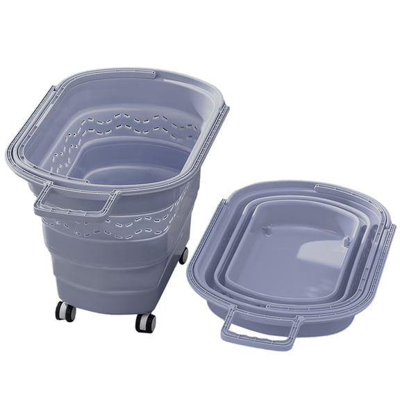 Yucurem Collapsible Plastic Laundry Basket with Wheels & Handle, 43L Portable Storage Container with Hanging Space Saving, Foldable Rolling Cart for Washing, Shopping & Storage (Gray)