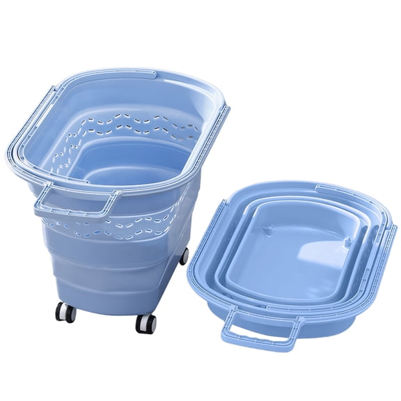 Yucurem Collapsible Plastic Laundry Basket with Wheels & Handle, 43L Portable Storage Container with Hanging Space Saving, Foldable Rolling Cart for Washing, Shopping & Storage (Blue)