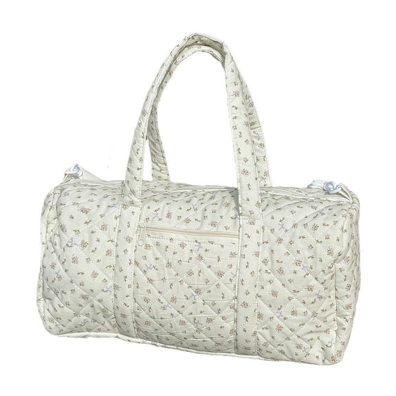 Yucurem Cotton Quilted Duffle Bag with Zipper Travel Floral Print Tote with Card Compartment for Women Weekend Travel Shopping White
