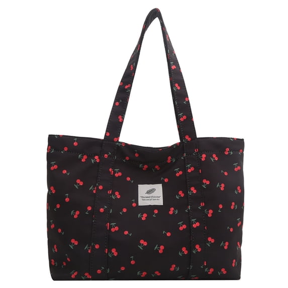 Yucurem Cute Cherry Print Shoulder Bag Large Capacity Shopping Bag For Women (Black) Tote bag (A)