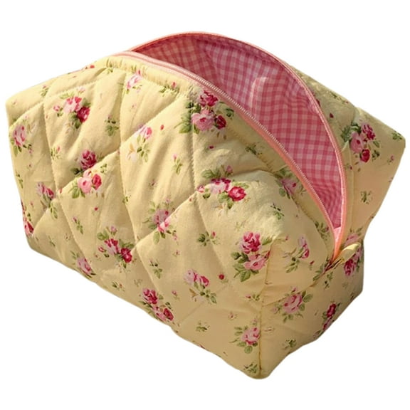 Yucurem Cute Floral Makeup Bag Large Quilted Cosmetic Bag Toiletry Bag For Women(yellow) Portable cosmetic bag (Yellow)