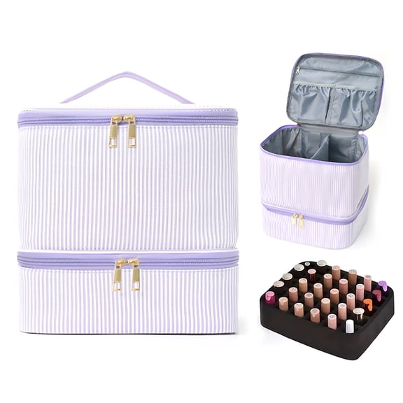 Yucurem Double Layer PU Leather Nail Polish Organizer, Nail Polish Holder Travel Carrying Case with Manicure Tools Storage Sections for Women (Purple)