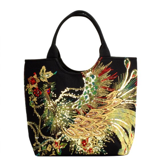 Yucurem Ethnic Women Peafowl Embroidery Messenger Bag Canvas Handbags (B Black)