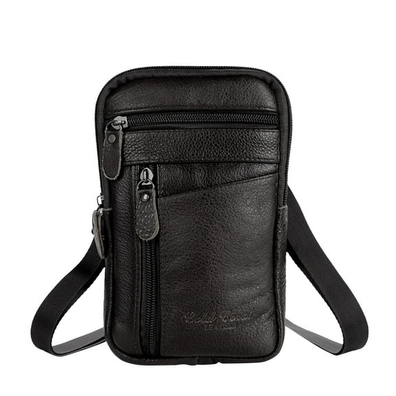 Yucurem Genuine Leather Men Shoulder Bag Casual Messenger Zip Phone Pouch (Black)