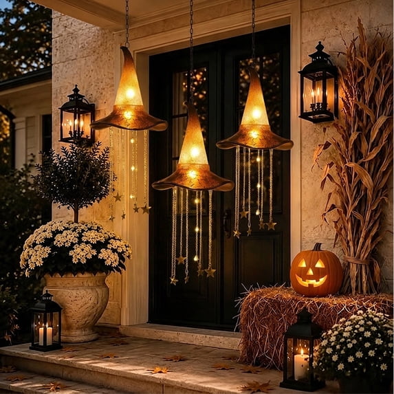 Yucurem Glowing Witch Hat Hanging Decor, Halloween Witch Hat with Cascading Star Lights, Lighted Hanging Decoration for Window, Porch, Tree, Mantel and Party (3pcs)