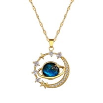 Yucurem Gold Plated Blue Zircon Saturn Pendant Necklace Celestial Moon and Star Space Planet Chain Elegant Night Sky Choker Gift for Women