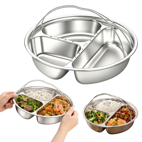 Yucurem Heavy Duty Stainless Steel Divided Plates with Double Handle, 3-Compartment Round Metal Serving Tray for Portion Control, Food Prep, Snack