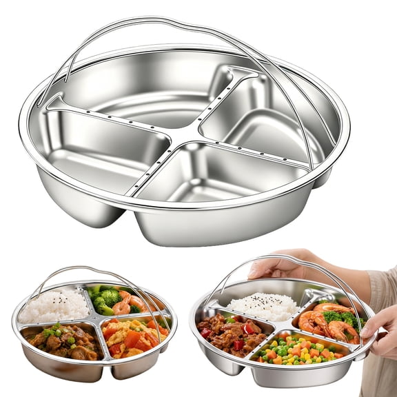 Yucurem Heavy Duty Stainless Steel Divided Plates with Double Handle, 4-Compartment Round Metal Serving Tray for Portion Control, Food Prep, Snack