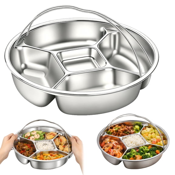 Yucurem Heavy Duty Stainless Steel Divided Plates with Double Handle, 5-Compartment Round Metal Serving Tray for Portion Control, Food Prep, Snack