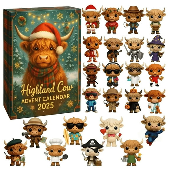 Yucurem Highland Cow Christmas Countdown Calendar with 3D Ornaments 24Day Xmas Advent Holiday Gift (Green Box)