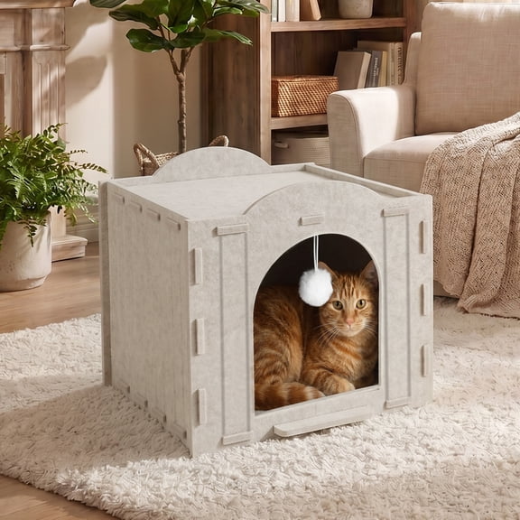 Yucurem Cat House for Indoor Cats Cube Bed, Detachable Felt Cat House with Scratch Pad and Hanging Ball for Small Pet (13"L x 13"W x 12"H)
