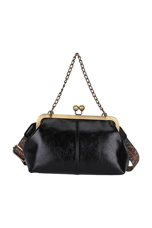 Vintage PU Leather Clutch Purses for Women,  Kiss Lock Purses and Handbags, Top Handle Evening Handbag (Black)