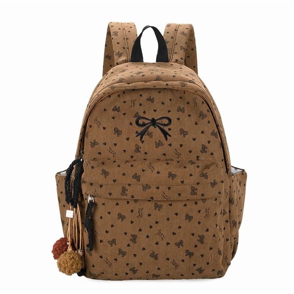 Yucurem Large Capacity Aesthetic Corduroy Bow Printed Backpacks, Lightweight Coquette Backpack with Bowknot for Travel Work Daily Use (Brown)