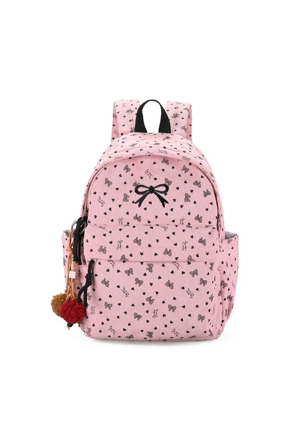 Large Capacity Aesthetic Corduroy Bow Printed Backpacks, Lightweight Coquette Backpack with Bowknot for Travel Work Daily Use (Pink)
