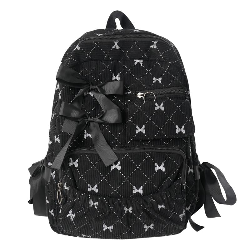 Yucurem Large Capacity Corduroy Backpack with Bow, Lightweight 15.75 inch Laptop Bag for Women, Aesthetic Daypack for College Travel (Black)