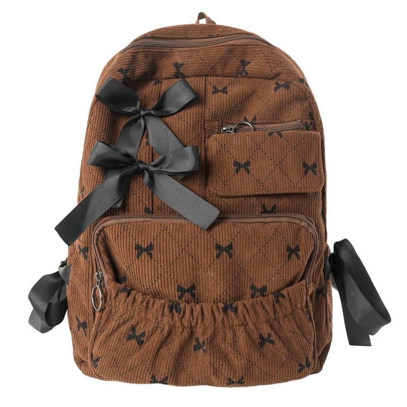 Yucurem Large Capacity Corduroy Backpack with Bow, Lightweight 15.75 inch Laptop Bag for Women, Aesthetic Daypack for College Travel (Brown)