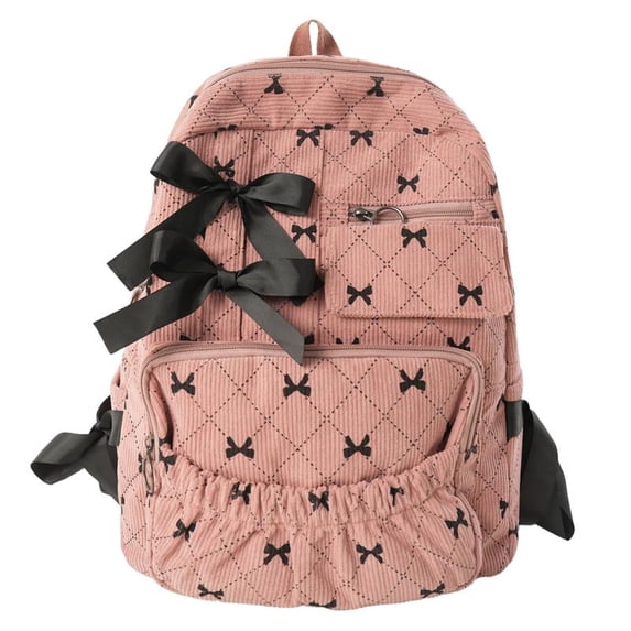 Yucurem Large Capacity Corduroy Backpack with Bow, Lightweight 15.75 inch Laptop Bag for Women, Aesthetic Daypack for College Travel (Pink)