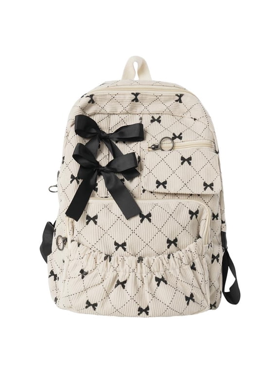 Large Capacity Corduroy Backpack with Bow, Lightweight 15.75 inch Laptop Bag for Women, Aesthetic Daypack for College Travel (White)