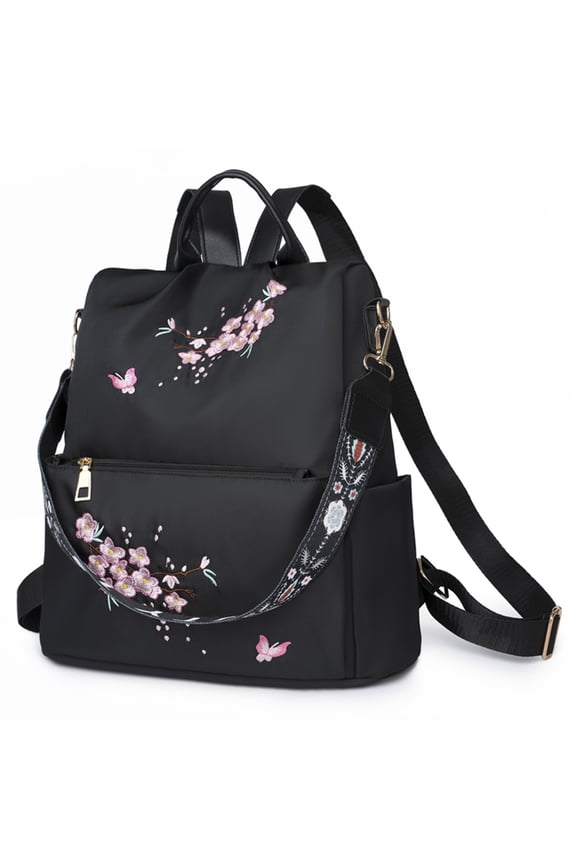 Large Capacity Nylon Embroidery Backpack for Women, Aesthetic Flower Print Classical Daypack for Travel Work Dating (Black)