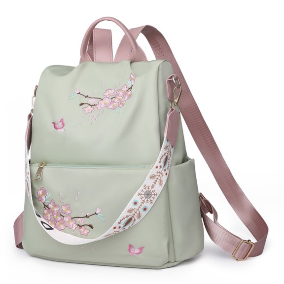 Yucurem Large Capacity Nylon Embroidery Backpack for Women, Aesthetic Flower Print Classical Daypack for Travel Work Dating (Green)