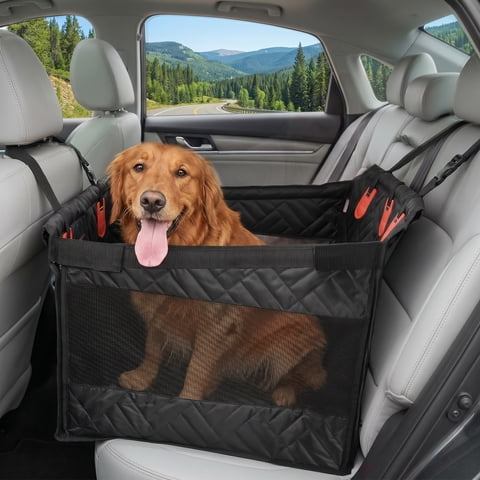 Yucurem Large Dog Car Seat, Waterproof Back Seat Extender with Storage Pockets, Pet Seat Cover for Cars, Trucks and SUV, Black