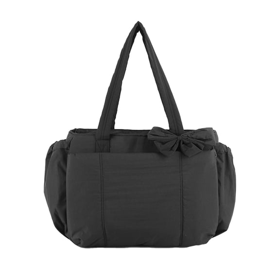 Yucurem Large Puffer Quilted Tote Bag for Ladies, Lightweight Puffy Handbag with Zipper, Nurse Work Bag with Bow for Gym Travel Hiking Shopping (Black)