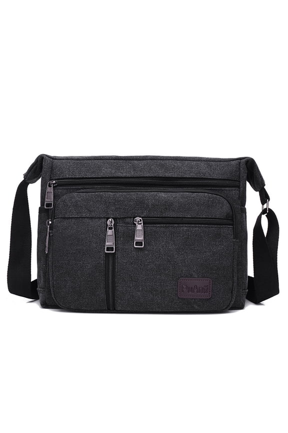 Men Canvas Shoulder Bags Multi Pocket Male Travel Messenger Handbag (Black)