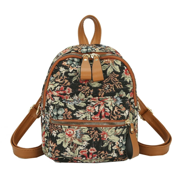 Yucurem Mini Backpack Preppy Style Flower Printing Backpack Canvas Rucksack Small Handbags for Women Girls Brown