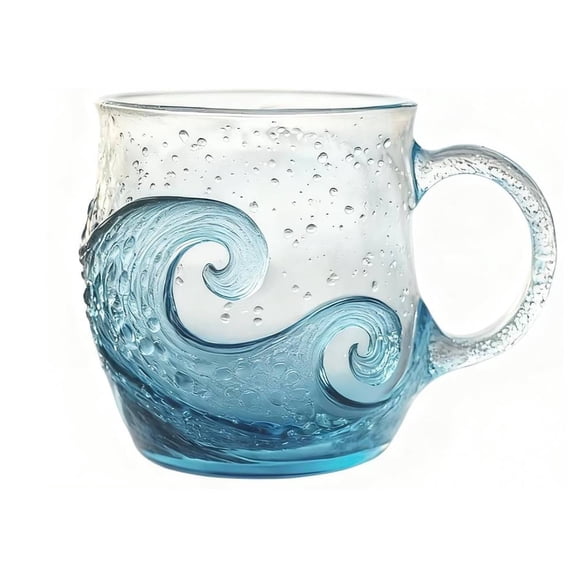 Yucurem Oceanic Theme Drinking Cup with Handle, 12 oz Handblown Ocean Glass Mug for Tea, Coffee, Cocktails, Beach Lovers & Gift Giving (Wave)