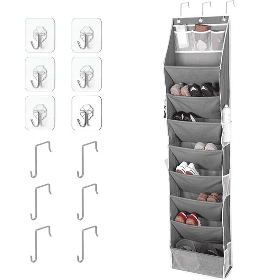 8-Tier Over the Door Shoes Rack with 8 Large Oxford Pockets, Up to 45lbs Durable Hanging Organizer for Shoes, Hats, Toys, etc (Light Gray)