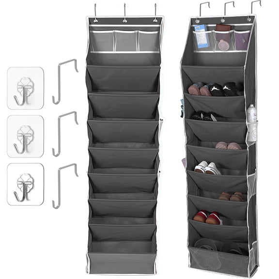 8-Tier Over the Door Shoe Organizer with Side Pockets, 17-Pocket Hanging Shoe Organizer with Hooks, Up to 40 Pounds (Light Gray)