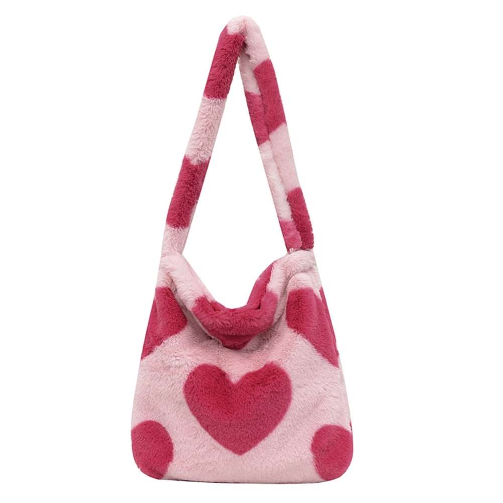 Yucurem Plush Underarm Bag Y2K Furry Purse Fluffy Tote Bag Autumn Winter  Handbags for Women (Red Heart) 