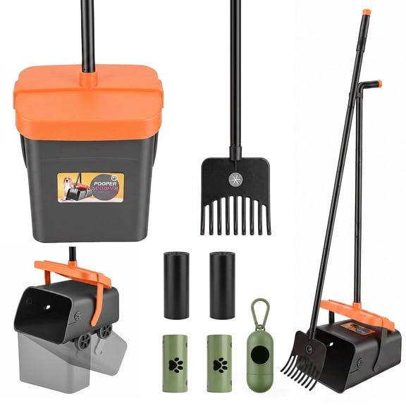 Yucurem Pooper Scooper with Swivel Bin & 70 Waste Bags, 46" Adjustable Long Handle Pooper Scooper for Yard, Grass, Dirt and Gravel (Orange)