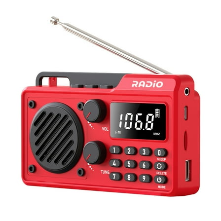 Yucurem Portable Radio AM FM 1500mAh Rechargeable with Best Reception, Transistor shortwave Radio Wireless Bluetooth Speaker with Large LCD Screen (Red)