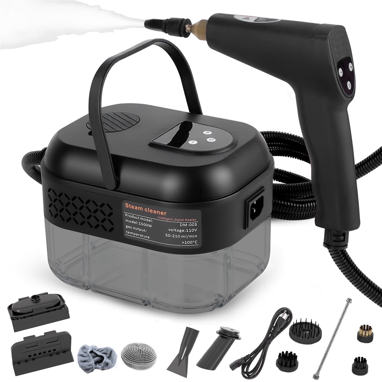 Yucurem 1500W Portable Handheld Steam Cleaner, 6-Level Adjustable 1.4L Tank with 10 Accessories for Home Furniture Car Carpet Tile