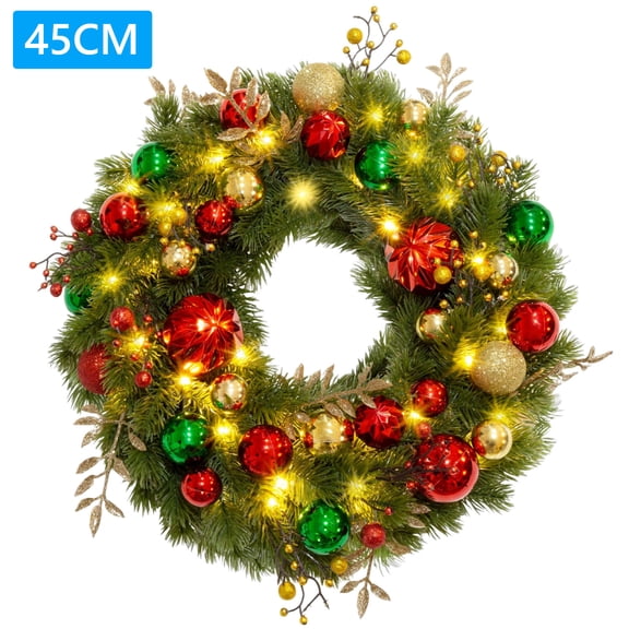 Yucurem Pre Lit Christmas Wreaths with Timer for Front Door, 17.7 Inch Christmas Garland with Hanging Red Green Gold Ball Ornaments for Outside Indoor Front Door Wall Windows Mantle