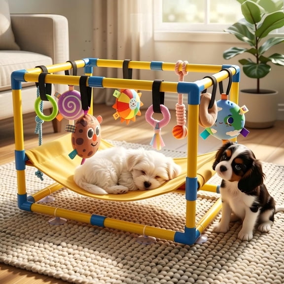 Yucurem Puppy Play Gym with Hammock & 9 Toys, Adjustable PVC Frame Indoor Jungle Gym with Bungee Straps for Small Dogs & Cats Interactive Toys