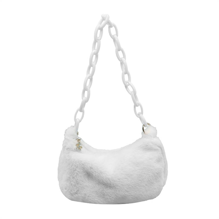 Yucurem Retro Women Pure Color Plush Shoulder Underarm Bag Acrylic Chain Handbag for Autumn Winter White Women s Size 1 Pack