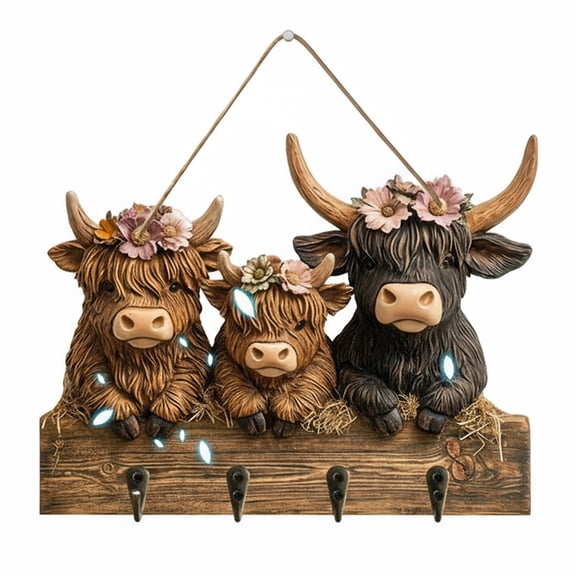 Yucurem Rustic Highland Cow Wooden Hanging Ornament, 2D Flat Family Key Holder Wooden Rack with 4 Hook for Entryway Hallway Wall Farmhouse Decor