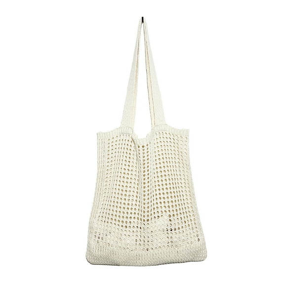 Yucurem Simple Hollow Knitted Shoulder Bag, Solid Color Crochet Handbag for Daily Shopping Travel (Beige)