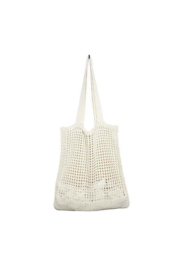 Simple Hollow Knitted Shoulder Bag, Solid Color Crochet Handbag for Daily Shopping Travel (Beige)