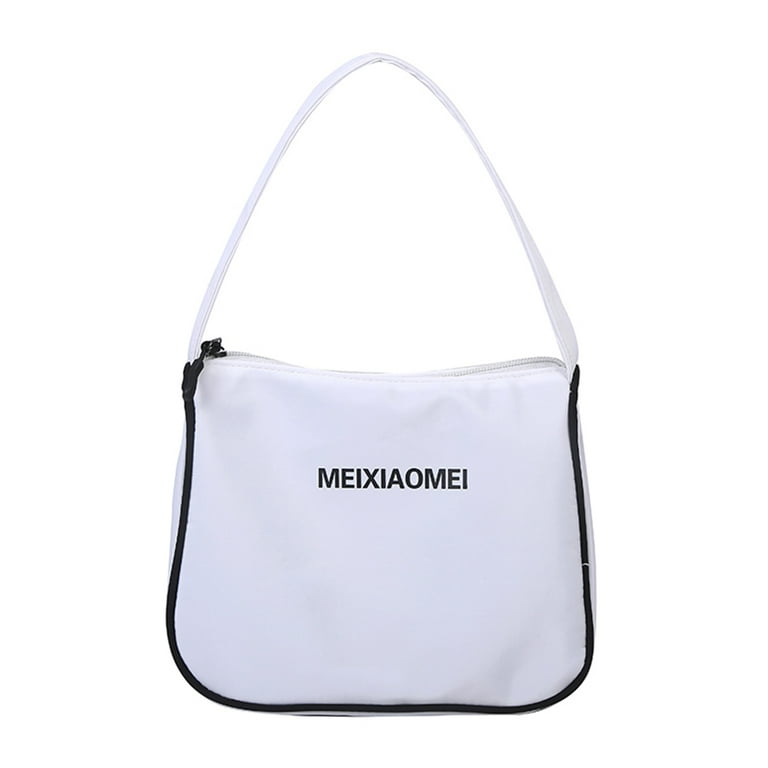 Yucurem Simple Solid Color Nylon Handbags Ladies Zip Underarm Bag for Dating Shopping Commuting Travel White
