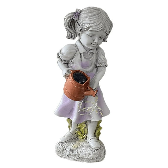 Yucurem Solar Light of Girl Figurine, Resin Girl Watering Pot Sculpture Courtyard Decor, Cute Girl Statue Garden Decorative (A)