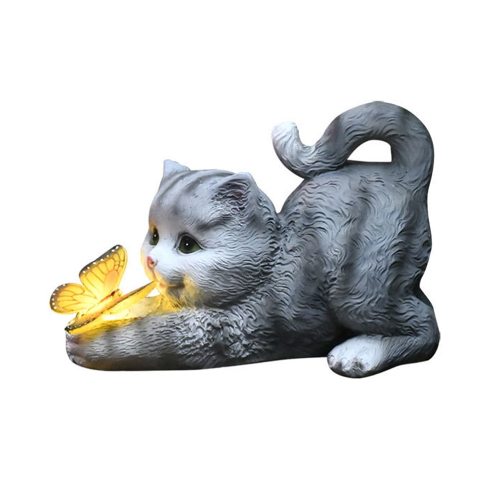 Yucurem Solar Lights Cat Statue Sculpture Outdoor Garden Lawn Figurines (Grey)