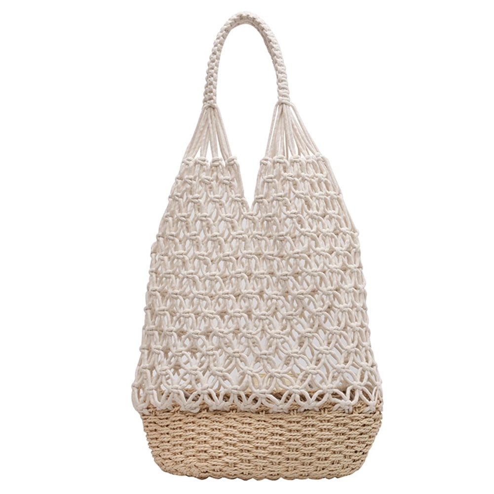 Round Straw Shoulder Bag with Leather Flap Summer Beach Fashion