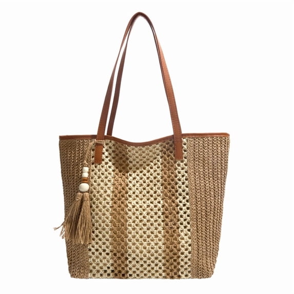 Yucurem Summer Beach Straw Bags for Women, Woven Straw Purse, Handmade Shoulder Handbags for Summer Vacation Travel Beach (Browm)