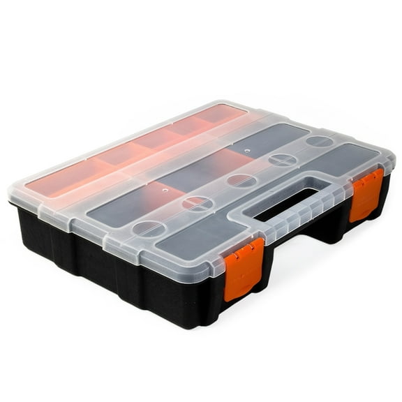 Yucurem Tool Box with Transparent Lid, 16-Compartments Hardware Storage Box with Removable Dividers for Hardware, Screws, Bolts, Nails, Beads, Jewelry Sorting Box